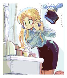 Rule 34 | 1girl, aged up, beat (mega man), black skirt, blonde hair, blue shirt, brown pantyhose, closed mouth, collared shirt, earrings, green eyes, highres, jewelry, kalinka cossack (mega man), long hair, long sleeves, mega man (classic), mega man (series), mega man 4, pantyhose, parted bangs, pencil skirt, shirt, sink, skirt, solo, srnhuyuno