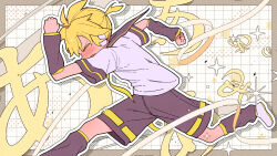 1boy absurdres black_shorts blonde_hair blush border clenched_hands commentary_request embarrassed full-face_blush grey_border highres kagamine_len leg_warmers male_focus mishio_(misio_40) necktie open_mouth running shirt shoes short_hair shorts solo star_(symbol) translation_request vocaloid white_background white_shirt white_shoes yellow_necktie