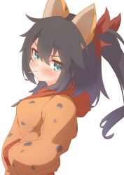 Rule 34 | 1girl, absurdres, animal ears, balulu alma, bow, candy, emil chronicle online, food, food in mouth, from side, green eyes, hair bow, hand in pocket, highres, jacket, looking at viewer, orange jacket, red bow, side ponytail, silver-index, upper body, white background
