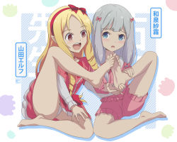 2girls barefoot blonde_hair blue_eyes blush conejologia dress eromanga_sensei feet feet_together hair_ribbon izumi_sagiri leg_up long_hair multiple_girls open_mouth pajamas panties pantyshot pink_dress pointy_ears red_ribbon ribbon silver_hair soles toes underwear white_panties yamada_elf