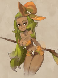 1girl bare_shoulders breasts brown_background brown_eyes cleavage cowboy_shot dark-skinned_female dark_skin flower green_hair hair_flower hair_ornament highres long_hair looking_at_viewer midriff navel orange_flower orange_shirt sadida shirt smile solo staff very_long_hair wakfu xaxaxa