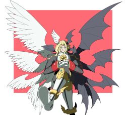 1boy angel_wings asymmetrical_wings black_wings blonde_hair border crossed_legs demon_wings digimon digimon_(creature) facial_mark feathered_wings head_wings highres invisible_chair lucemon_falldown_mode male_focus mismatched_wings red_background short_hair simple_background sitting solo sugar_7t white_border white_wings wings