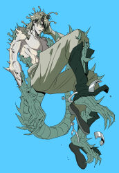 Rule 34 | 1boy, animal feet, antennae, black boots, blue eyes, boots, brown hair, brown pants, cracked skin, diego brando, dinosaur boy, dinosaur tail, full body, highres, jeonjin (mynamebazin), jojo no kimyou na bouken, male focus, pants, scary monsters (stand), skinny, solo, spikes, spurs, steel ball run, tail, topless male, torn boots, torn clothes