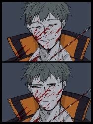 1boy bags_under_eyes blood blood_on_clothes blood_on_face blood_splatter closed_eyes closed_mouth coat exhausted fate/grand_order fate_(series) grin hagiography highres looking_to_the_side male_focus saitou_hajime_(fate) short_hair smile