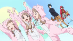 Rule 34 | 1boy, 4girls, animal ears, animal hood, anime screenshot, arms up, basket, big bad wolf (cosplay), black hair, black shirt, brown eyes, brown pants, clenched hand, closed eyes, cosplay, elbow carry, eyecatch, hands in pockets, hayase chinatsu, hayase kinue, highres, holding, holding basket, hood, kigurumi, light brown hair, little red riding hood (fairy tale character), little red riding hood (fairy tale character) (cosplay), long hair, makabe asae, makabe haruka, makabe masamune, masamune-kun no revenge, multiple girls, open mouth, pants, pig ears, red hood, shirt, short hair, skirt, smile, socks, three little pigs (cosplay), white socks