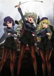 Rule 34 | 3girls, absurdres, anchovy (girls und panzer), arm up, beret, black cape, black hair, black hat, black ribbon, blonde hair, braid, brown eyes, brown pantyhose, cape, carpaccio (girls und panzer), commentary request, commission, crossed arms, drill hair, frown, girls und panzer, green eyes, green hair, grin, half-closed eyes, hand on own hip, hat, highres, holding, holding riding crop, kuromorimine military uniform, long hair, looking at viewer, multiple girls, nabeyu, open mouth, pantyhose, partial commentary, pepperoni (girls und panzer), pixiv commission, red cape, ribbon, riding crop, short hair, side braid, smile, smirk, twin drills, twintails, two-sided cape, two-sided fabric, white ribbon
