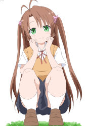 Rule 34 | 1girl, absurdres, antenna hair, artist name, brown hair, closed mouth, convenient censoring, cynical (llcbluckg c004), day, dot nose, female focus, full body, grass, green eyes, hair between eyes, hands on own face, highres, koshigaya komari, legs, long hair, looking at viewer, non non biyori, outdoors, school uniform, shirt, shoes, short sleeves, simple background, smile, socks, solo, squatting, sweater vest, white background, white shirt, white socks, yellow sweater vest