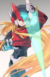 Rule 34 | 1boy, armor, black eyes, blonde hair, cowboy shot, energy sword, forehead jewel, grey background, helmet, highres, holding, holding sword, holding weapon, long hair, male focus, mega man (series), mega man zero (series), red armor, red helmet, simple background, solo, sword, u wstr, weapon, z saber, zero(z) (mega man), zero (mega man)