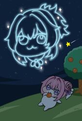 Rule 34 | :3, blush, cameo, constellation, creature, doro (nikke), doro orange story (nikke), flower-shaped hair, goddess of victory: nikke, hair between eyes, hair bun, hair ornament, highres, holding, meme, nao (nao puku777), night, night sky, open mouth, pink hair, pinne (nikke), purple eyes, purple ribbon, ribbon, shiny eyes, shooting star, simple background, single side bun, sky, smile, solo, star (sky), starry sky, starry sky background