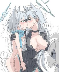 Rule 34 | !?, 3girls, animal ear fluff, animal ears, bagaponchi, black choker, black dress, black gloves, blue archive, blue halo, blue scarf, blush, breasts, bulge, choker, clothed sex, cross hair ornament, dress, erection, erection under clothes, extra ears, futa with futa, futanari, gloves, grey hair, hair ornament, halo, highres, hoshino (blue archive), kiss, large breasts, long hair, looking at another, medium hair, multiple girls, scarf, selfcest, shiroko (blue archive), shiroko terror (blue archive), white background, wolf ears