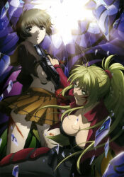 2girls artist_request blonde_hair blood blood_on_face cal_devens ein_(phantom_of_inferno) gun multiple_girls official_art phantom_of_inferno smile tagme weapon