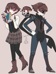 Rule 34 | 1girl, black pantyhose, black scarf, black vest, blue bodysuit, blunt bangs, bodysuit, book, boots, braid, brown boots, brown hair, checkered clothes, checkered skirt, chibi, chibi inset, commentary request, crown braid, dated, eye mask, full body, gloves, hands on own hips, heart, highres, holding, holding book, knee spikes, mufksin, multiple views, niijima makoto, panda, pantyhose, persona, persona 5, red eyes, scarf, school uniform, short hair, shoulder spikes, shuujin academy school uniform, skirt, spikes, standing, sweater, turtleneck, turtleneck sweater, vest, white gloves, white sweater