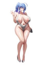 1girl absurdres ahoge areola_slip azur_lane bag bare_shoulders blue_hair blush breasts cleavage covered_erect_nipples dress earrings full_body handbag high_heels highres huge_breasts jasony jewelry large_areolae long_hair looking_at_viewer navel open_mouth plunging_neckline purple_eyes revealing_clothes short_dress side_ponytail sidelocks silver_dress smile solo st._louis_(azur_lane) st._louis_(luxurious_wheels)_(azur_lane)