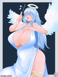 1girl :o alternate_breast_size alternate_costume angel blue_background blue_dress blue_hair blush breasts cleavage closed_eyes commentary_request cowboy_shot dated dress feathered_wings grey_background hairband halo highres holding holding_wand huge_breasts itini-sanshi long_hair open_mouth plunging_neckline rozen_maiden shiny_skin sleeveless sleeveless_dress solo suigintou traditional_halo two-tone_background wand white_hairband white_wings wings