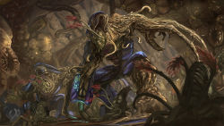 absurdres alien armor corpse sangheili energy_gun flood_(halo) halo_(game) halo_(series) highres monster no_humans plasma_rifle sangheili tentacles themefinland weapon