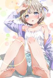 1girl absurdres anime_coloring bare_shoulders barefoot blue_shorts blush breasts brown_hair camisole hair_ornament hairclip highres hololive isakoro_(hx9cj) jacket looking_at_viewer open_mouth panties purple_eyes purple_jacket short_shorts shorts sleeveless small_breasts solo todoroki_hajime underwear virtual_youtuber white_camisole yellow_panties