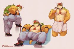 1boy after_bathing armpit_hair ass bara belly bowser chest_hair chest_tuft collar commentary covered_penis covered_testicles cropped_legs english_commentary facial_hair foreskin furry furry_male goatee highres horns kawaakumma large_pectorals male_focus mario_(series) multiple_views muscular muscular_male nintendo nipples pants pectorals penis penis_peek red_hair reptile_boy sitting spiked_collar spiked_shell spikes sweatpants towel towel_around_neck towel_around_waist