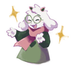 1boy animal_ears blush cloak closed_eyes commentary deltarune english_commentary fangs furry furry_male goat_boy goat_ears goat_horns green_cloak horns male_focus marustonks open_mouth pink_scarf ralsei round_eyewear scarf skin_fangs smile sparkle white_background