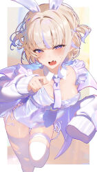 1girl alternate_costume animal_ears blonde_hair breasts cleavage collar detached_collar fake_animal_ears fang highres hololive hololive_dev_is jacket leotard looking_at_viewer open_mouth playboy_bunny purple_eyes purple_hair rabbit_ears short_hair small_breasts solo thighhighs todoroki_hajime torn_clothes torn_thighhighs two_side_up virtual_youtuber white_collar white_jacket white_leotard white_thighhighs yusha_(lv1_yusha_522)