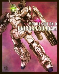 absurdres black_border border character_name flying glowing_shield gundam gundam_unicorn highres horns mecha mobile_suit moyan no_humans procreate_(medium) robot science_fiction single_horn solo unicorn_gundam visor