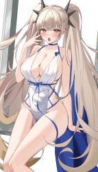 1girl arm_support azur_lane bare_shoulders blonde_hair blue_ribbon blush breasts cleavage collarbone commentary dress formidable_(anniversary_memories)_(azur_lane) formidable_(azur_lane) hair_between_eyes hand_up highres large_breasts long_hair looking_at_viewer official_alternate_costume open_mouth picture_frame red_eyes ribbon sidelocks simple_background sitting solo spiked_hair_ornament thighs twintails two-sided_dress two-sided_fabric very_long_hair white_background white_dress wynnblue