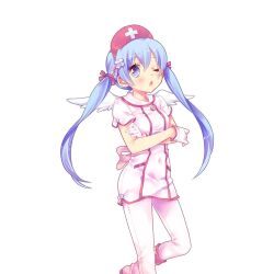 1girl angel_wings asuna_healia blue_eyes blue_hair breasts ech gloves hat long_hair nurse nurse_cap one_eye_closed pants pink_gloves pink_pants pink_shirt shirt short_sleeves twintails uchi_no_hime-sama_ga_ichiban_kawaii very_long_hair wings