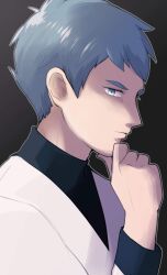 Rule 34 | 1boy, archer (pokemon), black shirt, blue eyes, closed mouth, eyelashes, from side, grey hair, hand on own chin, hand up, highres, jacket, long sleeves, male focus, nakikot t, nintendo, outline, pokemon, pokemon hgss, shirt, short hair, solo, thinking, upper body, white jacket