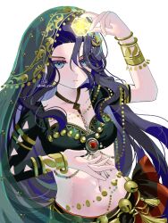 1girl artist_name asymmetrical_sleeves black_hair blue_eyes bracelet breasts cropped_shirt fantasy green_shirt green_veil hair_between_eyes hands_up highres holding icosahedron jewelry jitsugetsu_(bakavh0hok87401) long_hair looking_at_object medium_breasts navel official_alternate_costume reverse:1999 shirt solo twitter_username uneven_sleeves upper_body veil very_long_hair white_background willow_(reverse:1999)