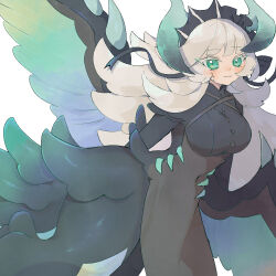 1girl apron black_apron blush breasts chamber_dragonmaid closed_mouth clothing_transformation covered_navel dragon dragon_girl dragon_tail dragon_wings dragonmaid_stern duel_monster feathered_wings green_eyes highres kokodari large_breasts long_hair maid maid_headdress simple_background smile tail transformation white_background white_hair wings yu-gi-oh!
