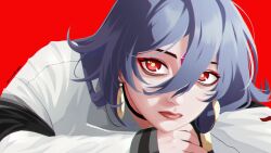 1girl black_hair commentary earrings english_commentary herrscher_of_sentience highres honkai_(series) honkai_impact_3rd hoop_earrings jacket jewelry lips lipstick long_hair long_sleeves looking_at_viewer makeup muunchilde red_background red_eyes simple_background solo white_jacket