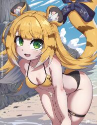 1girl animal_ear_fluff animal_ears beach bent_over bikini blonde_hair blue_bow blue_sky bow breasts cleavage cloud fang highres ju_fufu loli looking_at_viewer multicolored_hair open_mouth rilex_lenov sand sky small_breasts smile solo swimsuit tail tail_bow tail_ornament thigh_strap tiger_ears tiger_girl tiger_tail two-tone_hair water white_hair yellow_bikini zenless_zone_zero