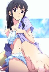 1girl barefoot bikini black_hair blue_bikini closed_mouth collarbone commentary_request dated feet hair_ornament hair_scrunchie highres inoue_takina looking_at_viewer lycoris_recoil medium_hair navel nii_manabu purple_eyes revision scrunchie signature sitting solo swimsuit thighs toenails toes white_scrunchie