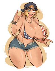 1girl american_flag american_flag_bikini american_flag_print backwards_hat bikini black_hat blonde_hair blue_eyes blue_shorts body_freckles bracelet breasts denim denim_shorts flag_print freckles grand_theft_auto grand_theft_auto_vi hat highres huge_breasts jewelry looking_at_viewer necklace open_clothes open_mouth open_shorts print_bikini redneck_girl_(gta_vi) saucymojo short_shorts shorts simple_background smile solo swimsuit teeth tongue tongue_out upper_teeth_only