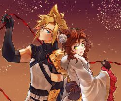 Rule 34 | 1boy, 1girl, aerith gainsborough, aerith gainsborough (festive crimson attire), aqua eyes, armor, artist name, black gloves, bow, breasts, brown background, brown bow, brown gloves, closed mouth, cloud strife, cloud strife (new year&#039;s battle garb), elbow gloves, final fantasy, final fantasy vii, final fantasy vii ever crisis, fireworks, flower, frilled kimono, frilled sleeves, frills, fur-trimmed kimono, fur trim, furisode, gloves, gold armor, gold trim, green eyes, hair bun, hair flower, hair ornament, hair stick, japanese armor, japanese clothes, kimono, kurohyn, light smile, long hair, looking at viewer, medium breasts, obi, official alternate costume, official alternate hairstyle, parted bangs, red ribbon, ribbon, sash, short hair, sidelocks, single shoulder pad, spiked hair, tassel, tassel hair ornament, turtleneck, upper body, white fur, white kimono, wide sleeves