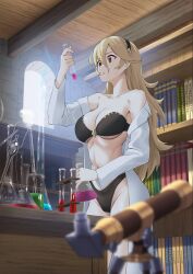 1girl :o armpits bare_shoulders black_bra black_hairband black_panties blonde_hair bookshelf bra breasts coat collarbone commentary commission corked_bottle day english_commentary erlenmeyer_flask female_corrin_(fire_emblem) fire_emblem fire_emblem_fates flask hair_between_eyes hairband highres holding holding_test_tube indoors lab_coat laboratory large_breasts long_hair long_sleeves navel nintendo off_shoulder open_clothes open_coat oppaihobby panties pointy_ears solo standing stomach test_tube thighs underboob underwear variant_set window