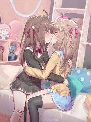 2girls absurdres ahoge asymmetrical_legwear bandaid bandaid_on_knee bandaid_on_leg black_jacket black_skirt black_thighhighs blue_skirt blush brown_hair brown_jacket character_doll closed_eyes evil_neuro-sama flat_chest from_side hair_between_eyes hair_ribbon highres hug incest jacket kiss linhcoris long_hair multiple_girls neuro-sama on_bed pillow pink_ribbon red_ribbon ribbon school_uniform shadow shirt siblings sisters sitting skirt stuffed_animal stuffed_toy thighhighs vedal_ai virtual_youtuber white_shirt yuri