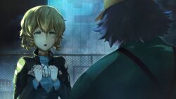 Rule 34 | amane suzuha, amane suzuha (beta), baseball cap, black jacket, blue jacket, blue track suit, braid, breasts, brown hair, collared shirt, cropped jacket, crying, fat, fat man, father and daughter, from behind, game cg, gloves, green shirt, hair between eyes, hair rings, hashida itaru, hat, high collar, highres, holding, holding gloves, holding unworn clothes, huke, jacket, jacket over jacket, leather, leather jacket, medium breasts, non-web source, official art, open mouth, over shoulder, overalls, red overalls, ringed eyes, sad, shirt, steins;gate, steins;gate 0, streaming tears, tears, tongue, track jacket, track suit, twin braids, twintails, unworn gloves, yellow eyes