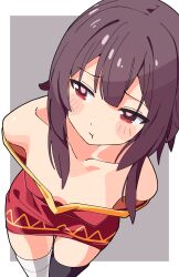 1girl :t absurdres bandaged_leg bandages bare_shoulders black_thighhighs blush_stickers breasts brown_hair collarbone commentary cowboy_shot downblouse dress grey_background highres kono_subarashii_sekai_ni_shukufuku_wo! leaning_forward megumin noyama_takenoko off-shoulder_dress off_shoulder pout red_dress red_eyes short_hair_with_long_locks simple_background single_thighhigh small_breasts solo thighhighs zettai_ryouiki