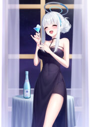 Rule 34 | 1girl, absurdres, black dress, blue archive, blush, bottle, breasts, cleavage, commentary request, cup, curtains, dress, drinking glass, hair bun, halo, highres, holding, holding cup, indoors, large breasts, night, night sky, noa (blue archive), open mouth, pinky out, see-through curtains, side slit, single hair bun, sky, smile, solo, soo ou, thighs, white hair, white halo
