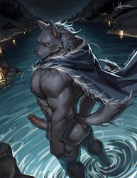 1boy abs absurdres animal_ears ass bara bare_pectorals biceps black_fur blaidd_the_half-wolf blue_cape cape closed_mouth commentary dog_nose elden_ring english_commentary erection fang fang_out from_behind furry furry_male highres lokalokawhite looking_at_viewer looking_back male_focus multiple_scars muscular muscular_male nipples no_pants pectorals penis scar scar_on_arm scar_on_chest scar_on_face scar_on_leg signature standing tail testicles wading wolf_boy wolf_ears wolf_tail