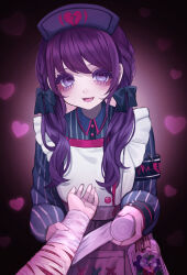 1girl :3 absurdres aegyo_sal asahina_mafuyu blue_bow blue_shirt blush bow braid buttons collared_shirt colored_eyelashes commentary_request cowboy_shot cross-laced_clothes cross-laced_skirt fingernails frills hair_bow hair_over_shoulder hand_on_another&#039;s_arm hat heart heart-shaped_pupils heart_in_eye highres holding jishou_210 long_hair long_sleeves looking_at_viewer nurse nurse_cap official_alternate_costume official_alternate_hairstyle open_mouth pink_background pov pov_hands project_sekai puffy_long_sleeves puffy_sleeves purple_eyes purple_hair purple_skirt self-harm shirt simple_background skirt solo_focus striped_clothes striped_shirt symbol-shaped_pupils symbol_in_eye tongue twintails vertical-striped_clothes vertical-striped_shirt vignetting wonderhorror~!?_na_kimodameshi!_(project_sekai)