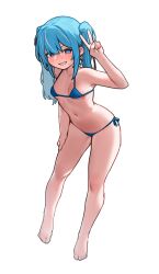 1girl absurdres arahashi_tabi armpits bare_arms bare_shoulders barefoot bikini blue_bikini blue_eyes blue_hair breasts full_body grin hand_up heok_bam highres long_hair looking_at_viewer micro_bikini multicolored_hair navel side-tie_bikini_bottom simple_background small_breasts smile solo standing stellive streaked_hair string_bikini swimsuit twintails v virtual_youtuber white_background