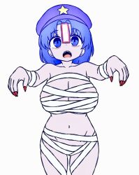 Rule 34 | 1girl, bandages, blue eyes, blue hair, breasts, cleavage, cowboy shot, fingernails, groin, hat, hat ornament, jiangshi, ketsumaimo, large breasts, long fingernails, looking at viewer, miyako yoshika, mummy costume, naked bandage, navel, ofuda, open mouth, outstretched arms, parted bangs, purple hat, red nails, sharp teeth, short hair, simple background, solo, star (symbol), star hat ornament, teeth, touhou, upper teeth only, white background, zombie pose