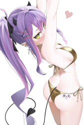 1girl absurdres alternate_costume armpits arms_up ass ass_tattoo bare_shoulders bikini blush bow breasts commentary_request cross cross_earrings demon_girl demon_horns demon_tail double-parted_bangs ear_piercing earrings from_above from_side gold_bikini golden_week green_eyes hair_bow hair_ornament heart high_ponytail highres hololive horns jewelry long_hair looking_at_viewer median_furrow medium_breasts piercing pointy_ears ponytail purple_hair side-tie_bikini_bottom simple_background solo swimsuit tail tattoo tokoyami_towa uw_chanmaru virtual_youtuber wet white_background x_hair_ornament