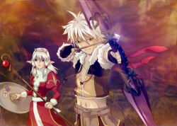 1boy 1girl aiming aiming_at_viewer arrow_(projectile) black_gloves bow_(weapon) brown_background brown_shirt brown_shorts card closed_mouth commentary_request crop_top drawing_bow dress fake_horns fingerless_gloves fur-trimmed_gloves fur-trimmed_shirt fur_trim gloves gobaku_no_hito grey_eyes high_priest_(ragnarok_online) holding holding_bow_(weapon) holding_shield holding_staff holding_weapon horns juliet_sleeves long_hair long_sleeves looking_at_viewer lowres midriff multicolored_shirt navel pointy_ears puffy_sleeves ragnarok_online red_dress sash shield shirt short_hair shorts sleeveless sleeveless_shirt sniper_(ragnarok_online) staff two-tone_dress upper_body weapon white_dress white_hair white_sash