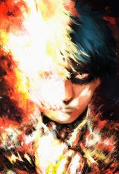 1boy agni_(fire_punch) black_hair burn_scar burning close-up closed_mouth embers fire fire_punch flaming_eye glowing highres lips looking_at_viewer male_focus nose original partially_shaded_face scar shadow short_hair solo xa8uofivf2mcart yellow_eyes