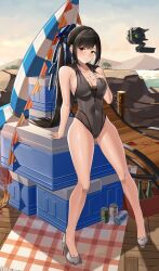 Rule 34 | absurdres, arm support, armpit crease, bare shoulders, beach, beach umbrella, black hair, black leotard, blue sky, blush, bottle, boulder, box, breasts, brown eyes, bunting, can, chinese commentary, cleavage, closed mouth, closed umbrella, cloud, commentary, commentary request, cooler, covered navel, cropped, drawstring, drink can, earrings, english commentary, eve (stellar blade), full body, gluteal fold, grey shoes, groin, hand on own chest, high heels, high ponytail, highleg, highleg leotard, highres, hill, hood, hood down, hooded leotard, jewelry, jfzm001, lace, leaning back, leotard, long hair, looking at viewer, looking to the side, medium breasts, mixed-language commentary, on box, outdoors, picnic blanket, pigeon-toed, ponytail, pumps, shoes, sideways glance, sitting, sitting on box, sky, sleeveless, smile, stellar blade, stiletto heels, straight hair, string of flags, swept bangs, thighs, tree, umbrella, unzipped, variant set, wooden floor, zipper, zipper pull tab