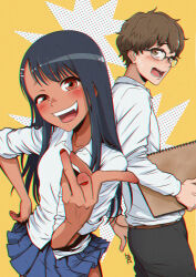 1boy 1girl :d absurdres belt black_pants blue_skirt brown_eyes brown_hair chromatic_aberration collared_shirt commentary english_commentary glasses hachiouji_naoto highres holding ijiranaide_nagatoro-san long_sleeves nagatoro_hayase nail_polish open_mouth pants pleated_skirt red_nails school_uniform shirt short_hair skirt smile tan voulahatzopoulou white_shirt yellow_background