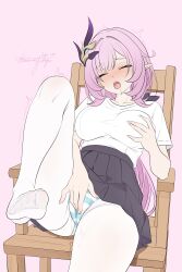 1girl absurdres airbus_a350xwb asymmetrical_bangs black_skirt blush breasts chair closed_eyes drooling elysia_(honkai_impact) fingering fingering_through_clothes fingernails grabbing_another&#039;s_breast groping highres honkai_(series) honkai_impact_3rd large_breasts leg_lift long_hair masturbation on_chair open_mouth panties pantyhose pleated_skirt pointy_ears purple_background purple_hair pussy_juice shirt_tucked_in short_sleeves signature simple_background sitting skirt solo striped_clothes striped_panties through_clothes two-tone_panties underwear white_pantyhose wooden_chair