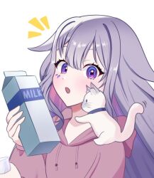 cat elis_soratabi glass hololive hololive_english hood hoodie koseki_bijou long_hair milk open_mouth pink_hoodie purple_eyes purple_hair virtual_youtuber